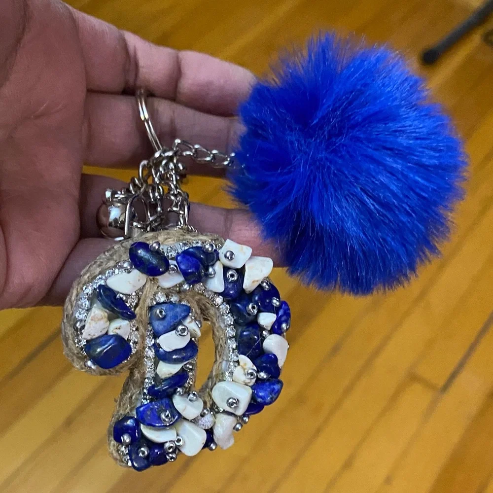 Leather D Vibrant blue Pom pom Keychain Purse charm